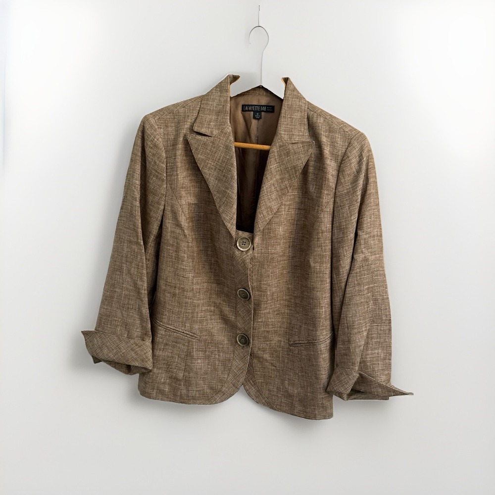 Lafayette 148 NY  Brown Linen Wool Blend L Blazer Jacket Sz-12 Classic